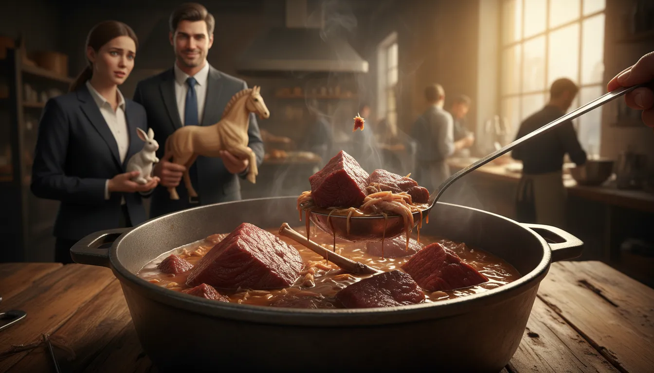 Illustration von horse and rabbit stew: an unequal mixture where one part completely overpowers another