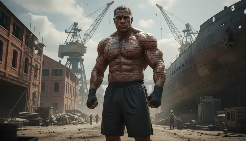 Illustration of built like a brick shipyard: very strong or muscular person.
