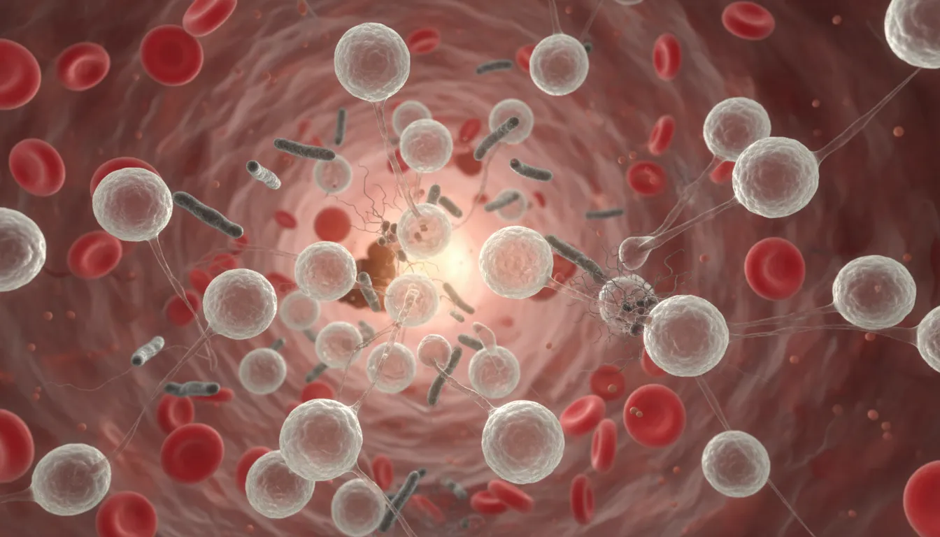 Illustration of white blood cell: A tiny part of the immune system that attacks germs and fights infection.
