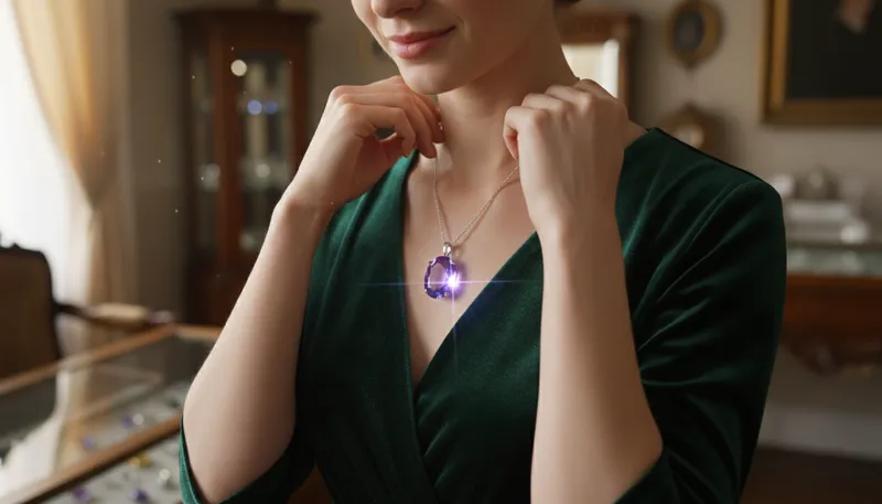 Illustration of amethyst: A purple gemstone often used in jewelry.