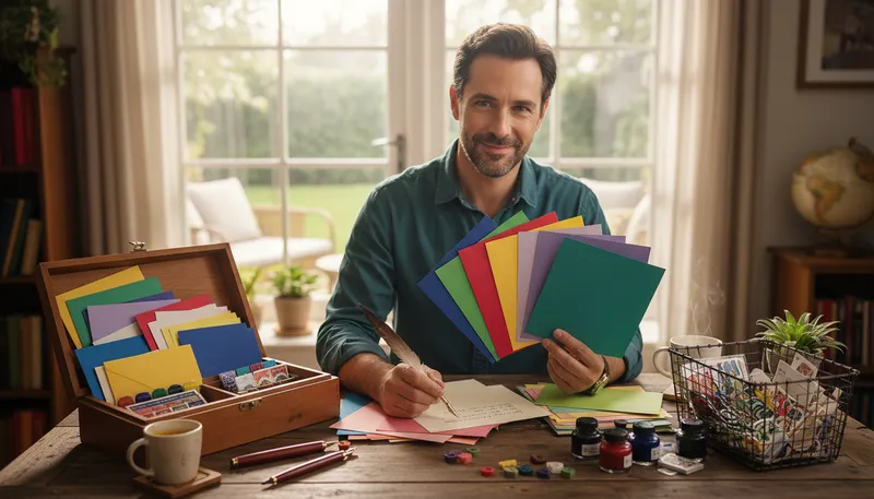 Illustration of stationery: Paper, pens, and other writing materials.