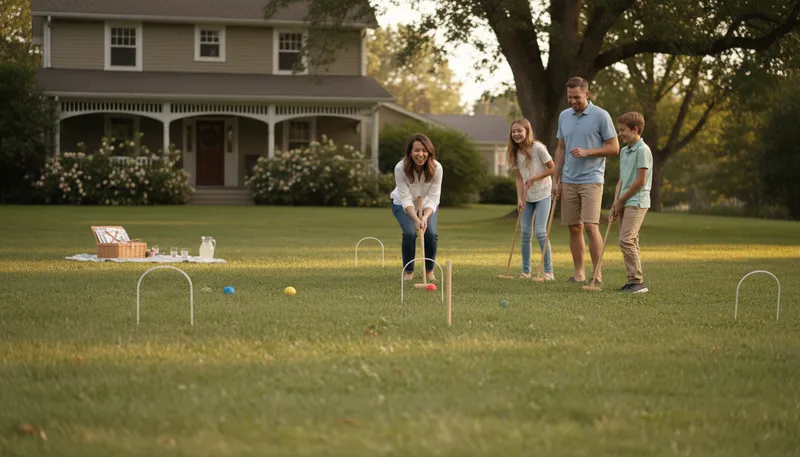 Illustration of croquet: A lawn game played with balls and mallets.