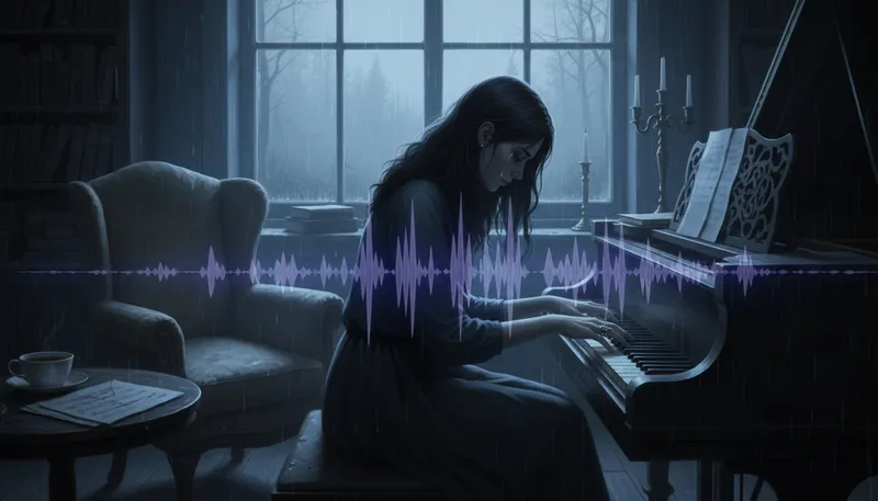 Illustration of in a minor key: A musical piece that sounds sad or serious.