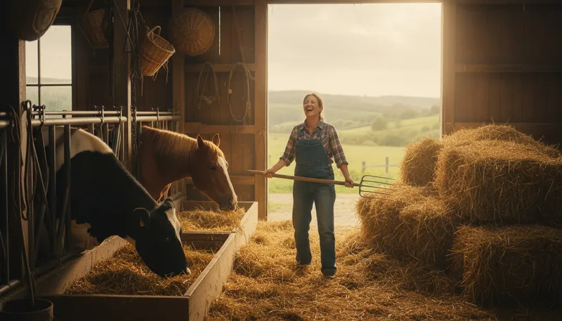 Illustration of hay is for horses and cows: a saying about appropriate food.