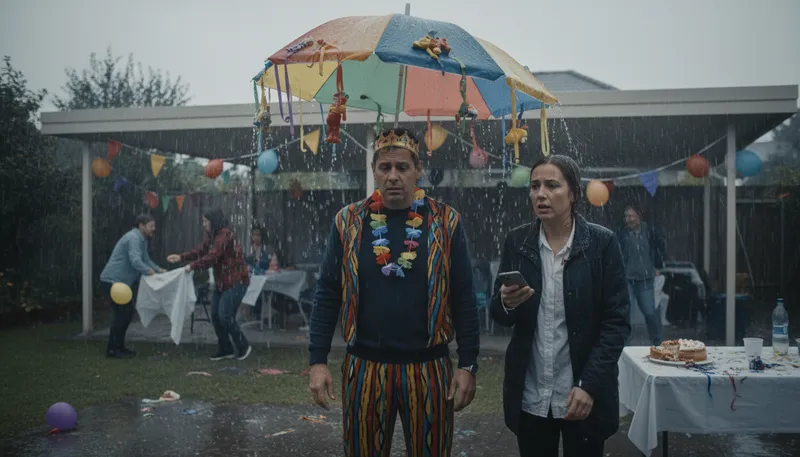 Illustration of rain on someone's parade: to ruin someone's plans or happiness.