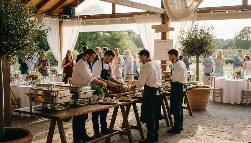 Illustration of cater: To provide food and service for an event.
