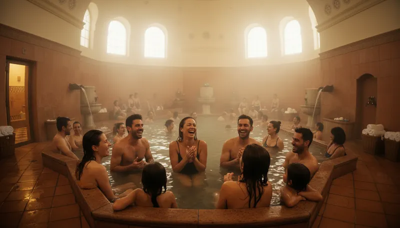 Illustration of bathhouse: A building for bathing and socializing.