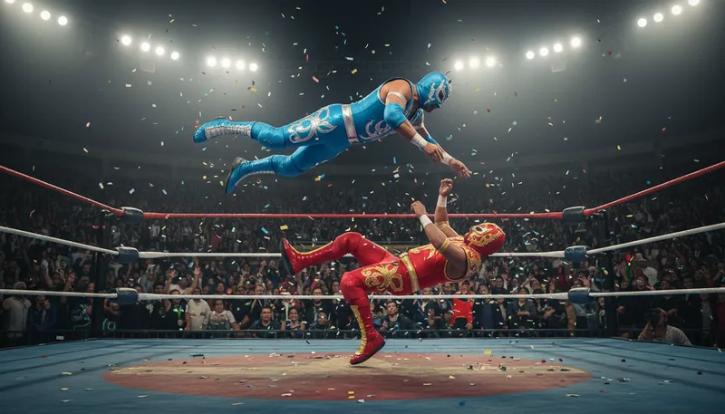 Illustration of lucha: Spanish for wrestling, often with masks and flair.