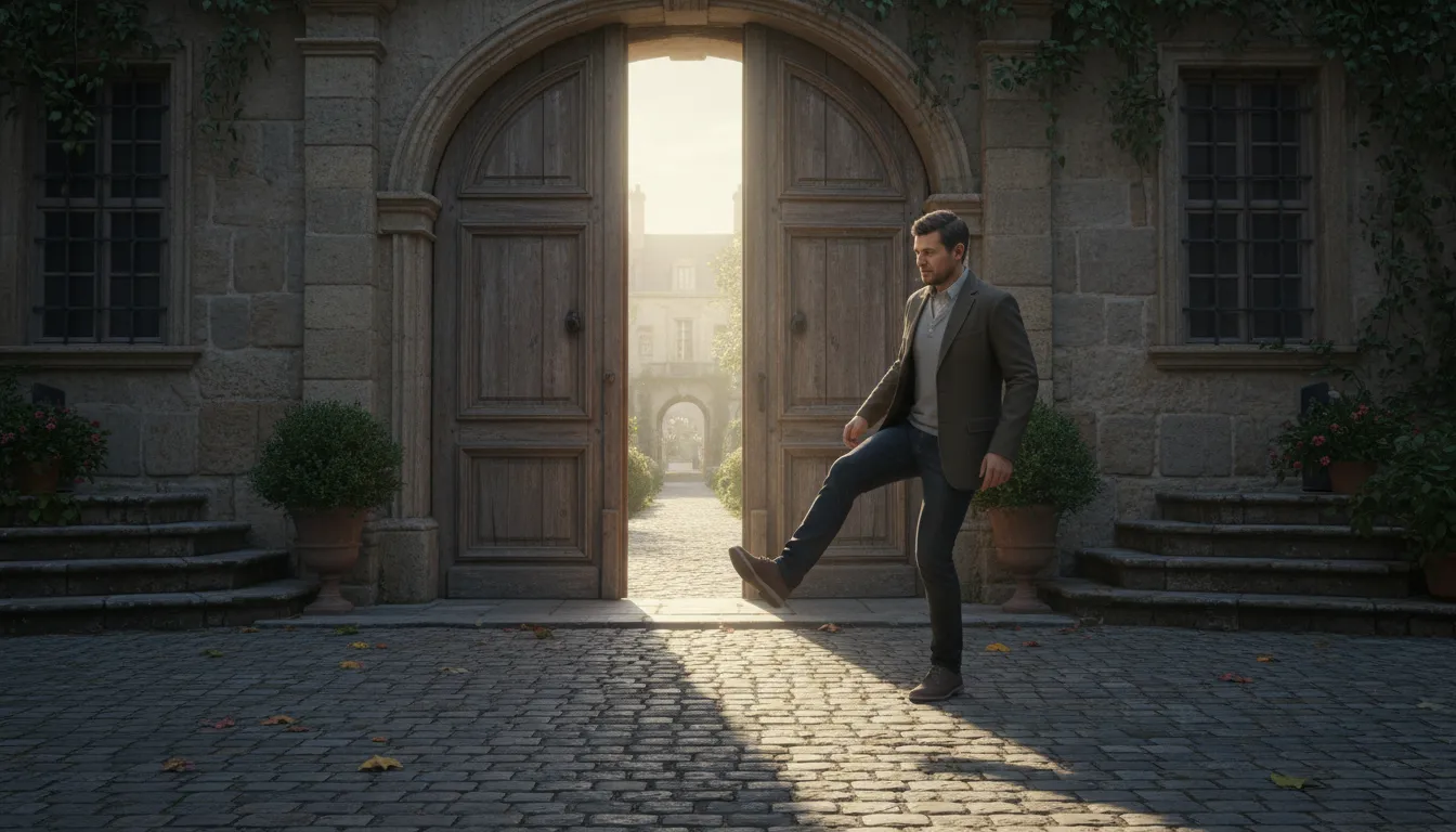 Illustration von kick at an open door: to attempt something unnecessary.