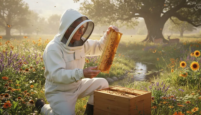 Illustration of beekeeping: The practice of raising and caring for bees.
