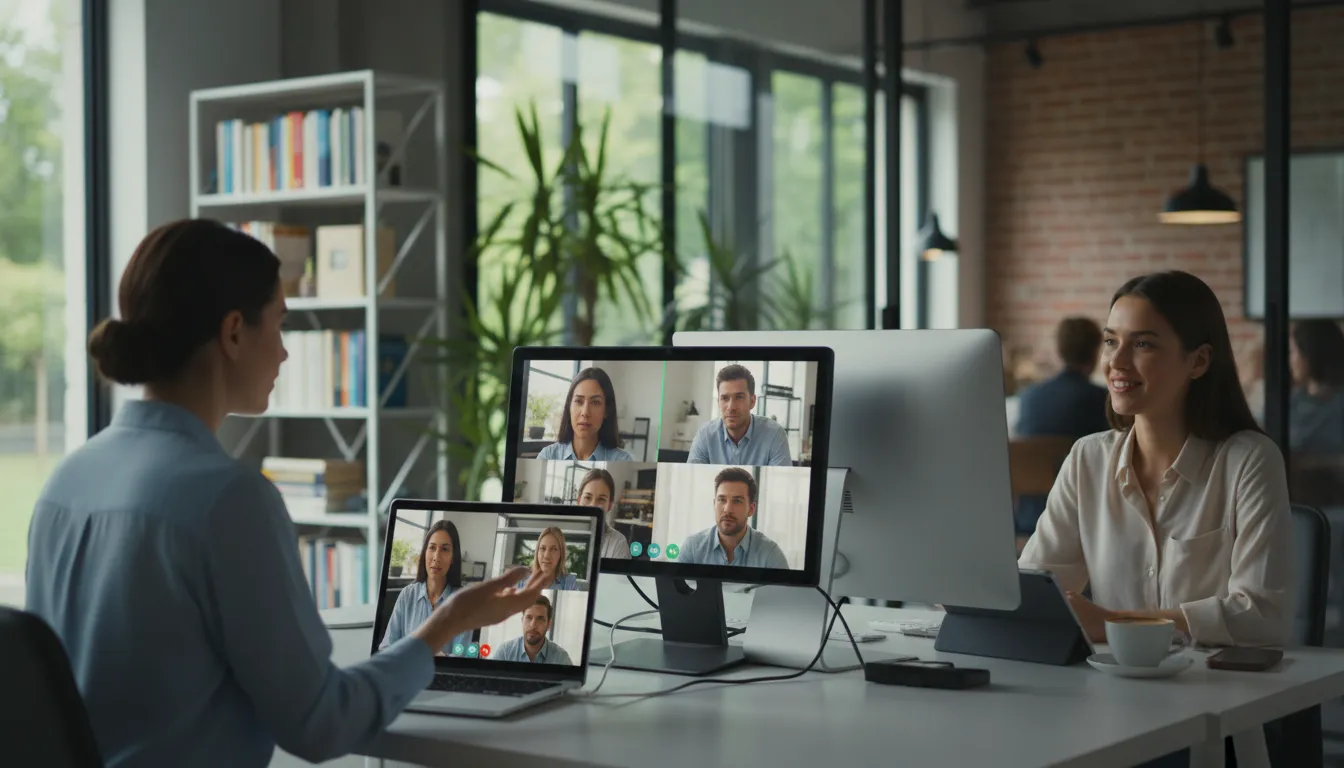 Illustration of videoconference: meeting carried out over the internet
