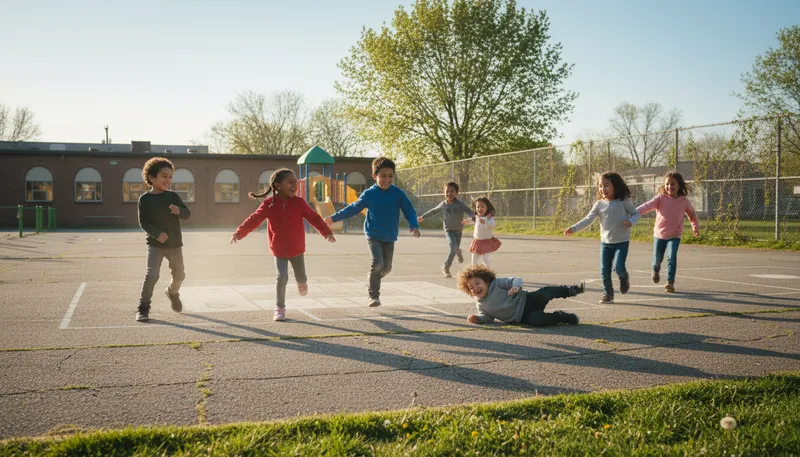 Illustration of schoolyard: An outdoor area for schoolchildren to play.
