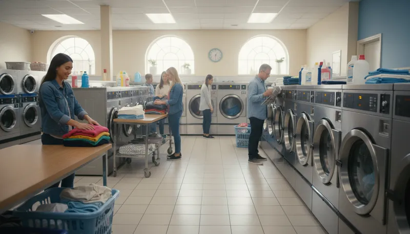 Illustration of laundromat: A self-service facility for washing clothes.