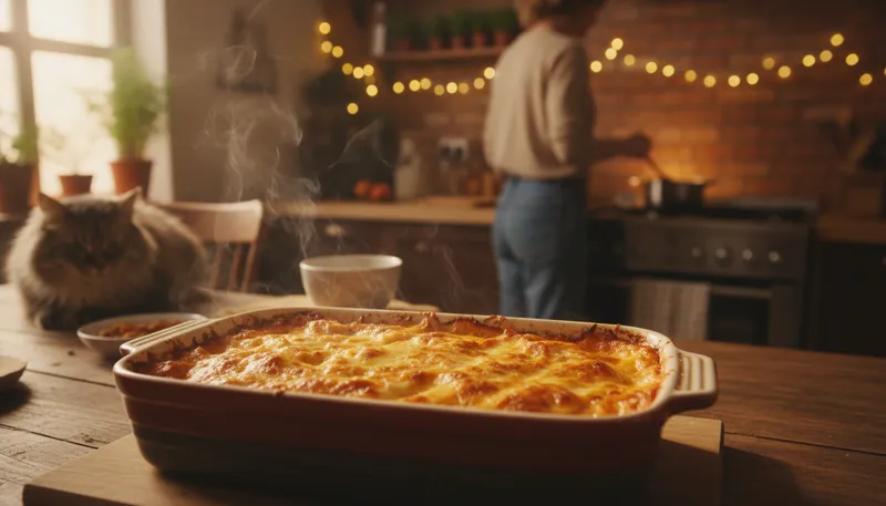 Illustration of casserole: A dish baked in a deep pan, often layered.