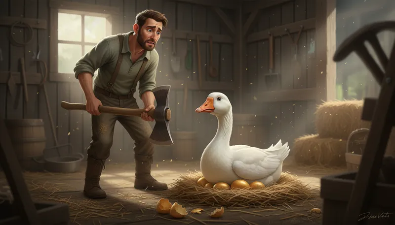 Illustration of kill the goose that lays the golden eggs: destroy a source of wealth or benefit