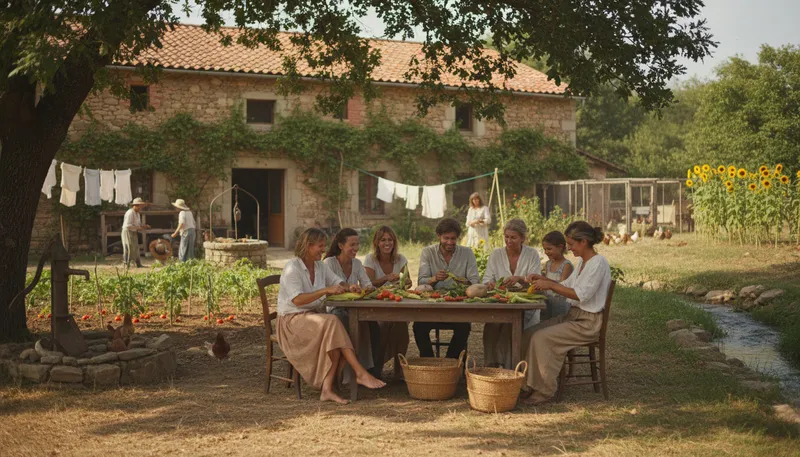 Illustration of commune: Group living together, sharing resources.