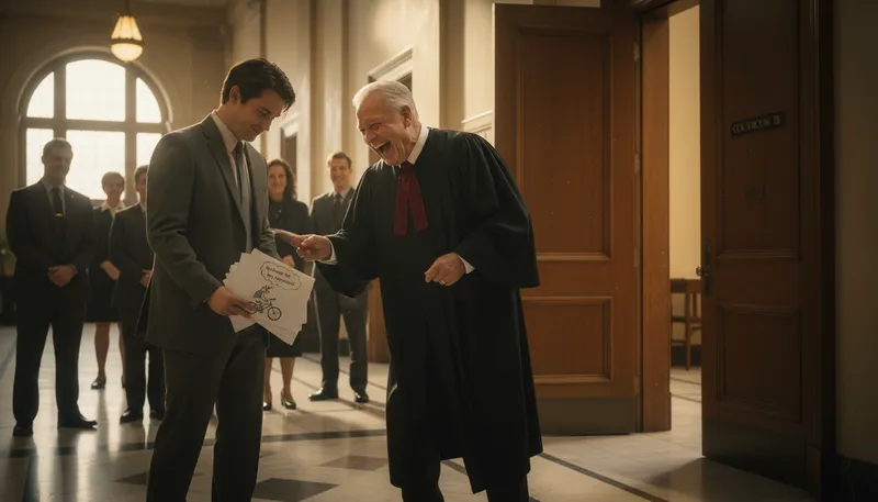 Illustration of laugh out of court: Dismiss or reject as ridiculous.