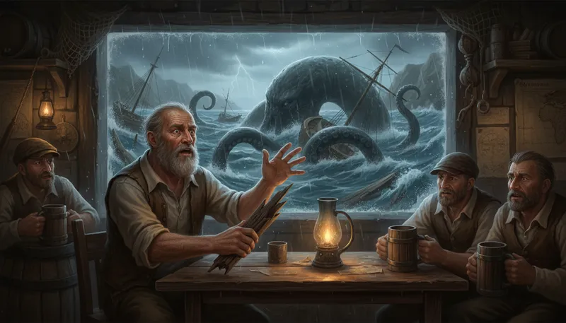 Illustration of kraken: Legendary sea monster said to attack ships.