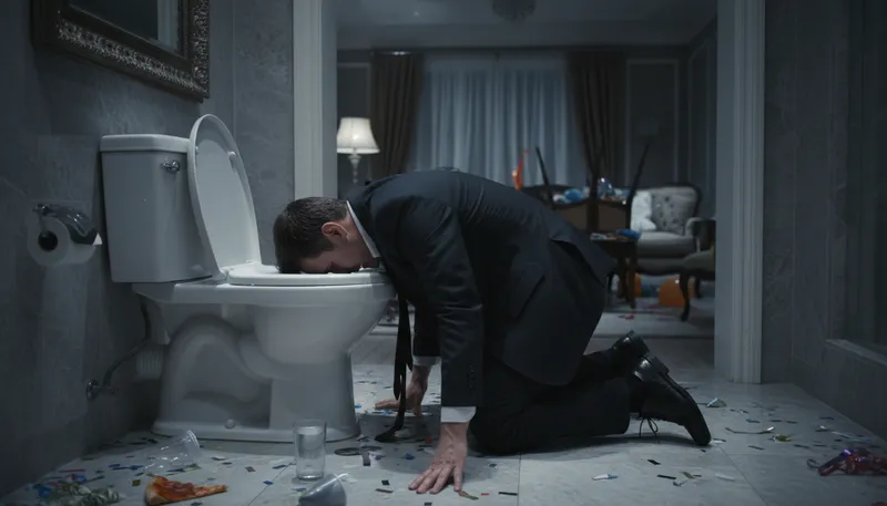 Illustration of bow down before the porcelain god: To vomit into a toilet.