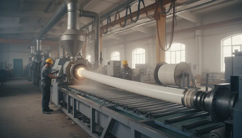 Illustration of extrusion: Process of shaping material by forcing it out.