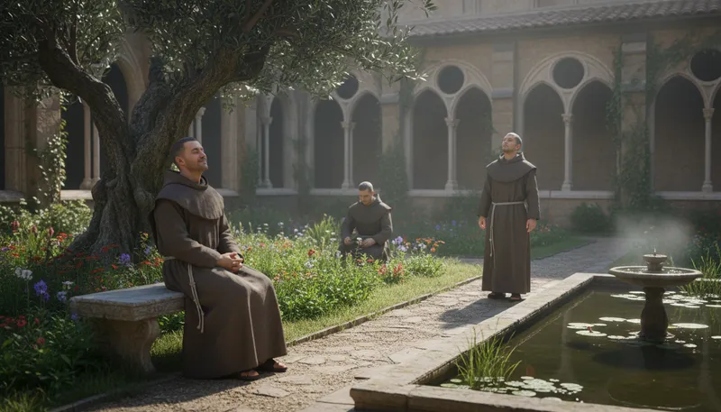 Illustration of cloister: a secluded place or monastery for religious life