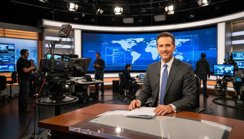 Illustration of anchorman: A main news presenter on television.