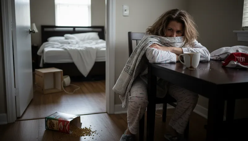 Illustration of get up on the wrong side of the bed: start the day in a bad mood.