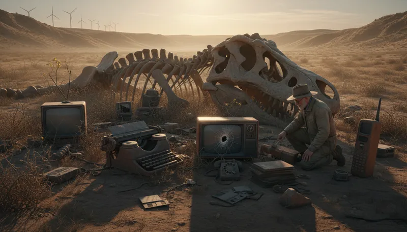 Illustration of go the way of the dinosaurs: to become extinct or outdated.