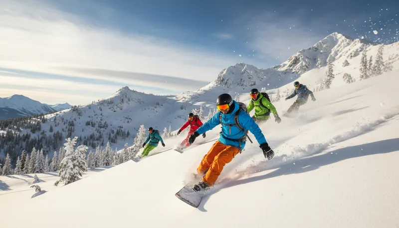 Illustration of snowboarders: People who ride on snowboards down slopes.