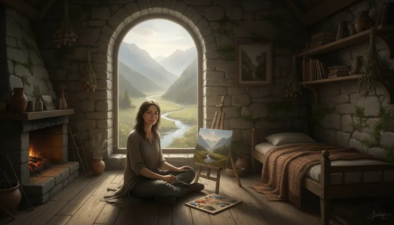 Illustration of hermitage: A secluded place for living in solitude.