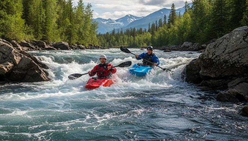 Illustration of whitewater: Fast-moving, turbulent water in a river.