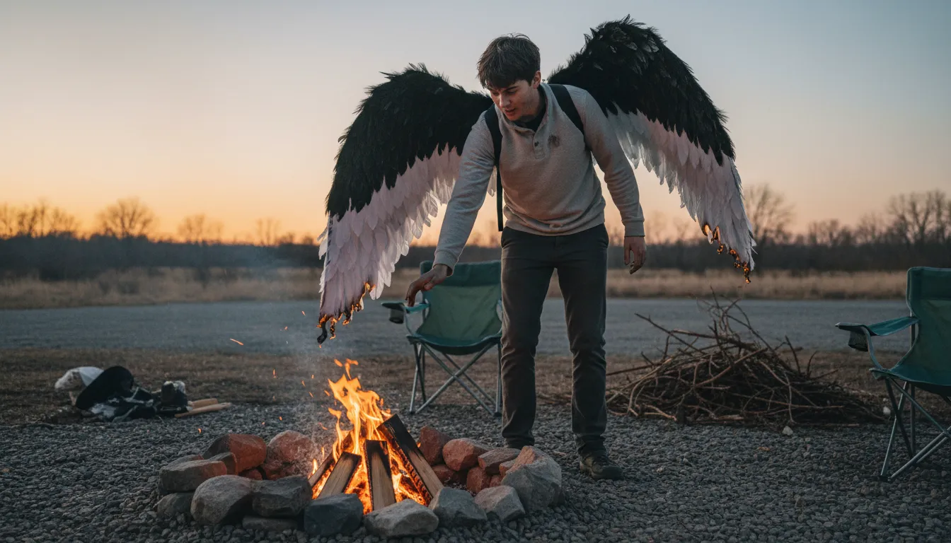 singe one's wings-এর ইলাস্ট্রেশন: To suffer a minor setback or injury.