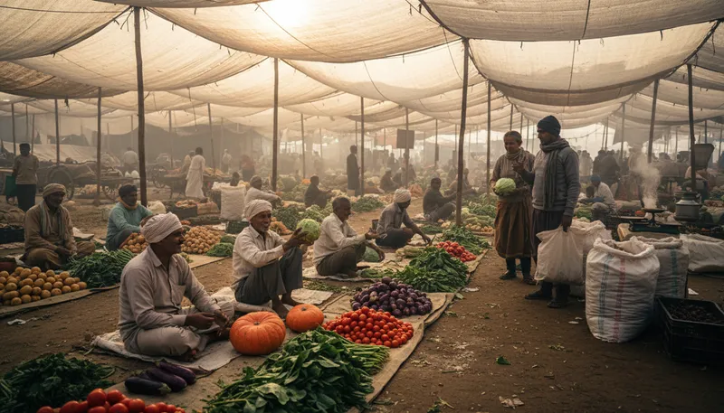 Illustration of mandi: An open market for buying and selling goods.
