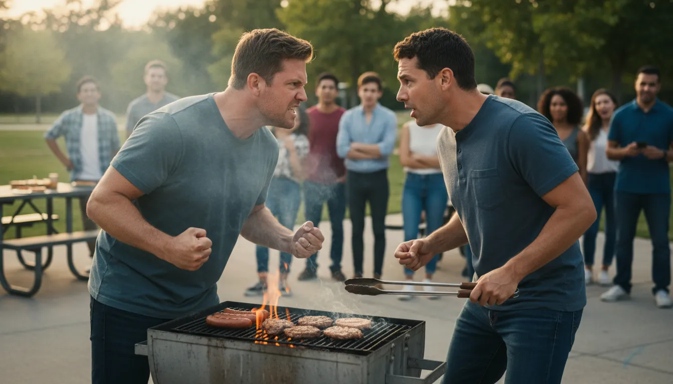 get on someone's grill 일러스트: to confront someone angrily or directly.