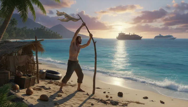 Illustration of castaway: A person stranded on an uninhabited island.