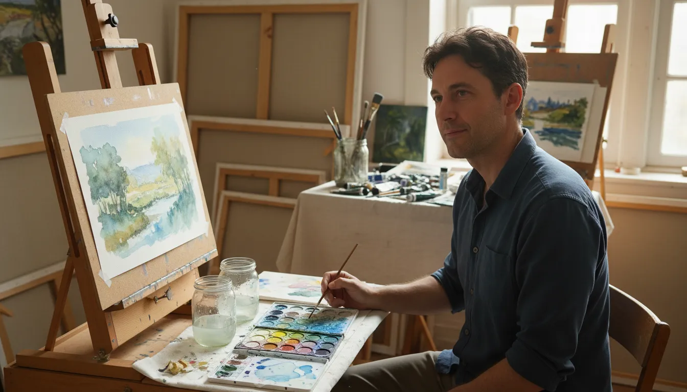 watercolor 的插图：A painting method using water-soluble pigments.