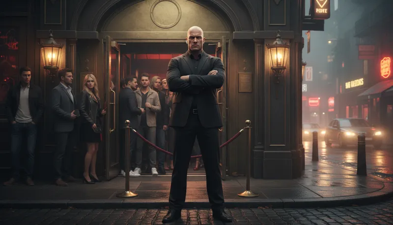 Illustration of bouncer: A person who checks entry at a venue.