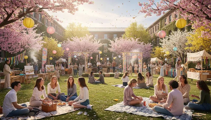 Illustration of campus: The grounds of a school or university.