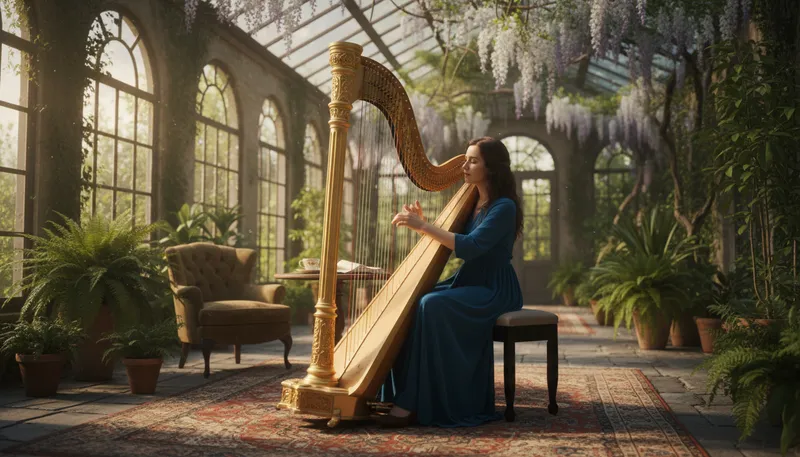 Illustration of harp: A musical instrument with strings.