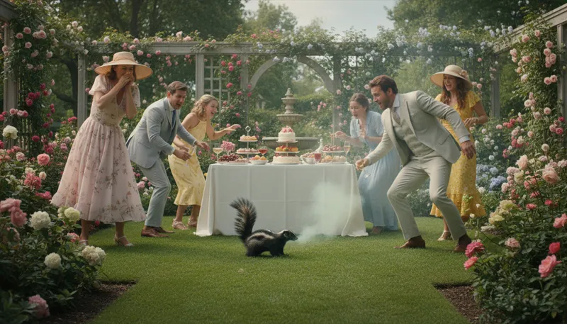 Illustration of skunk at a garden party: an unwelcome or disruptive presence