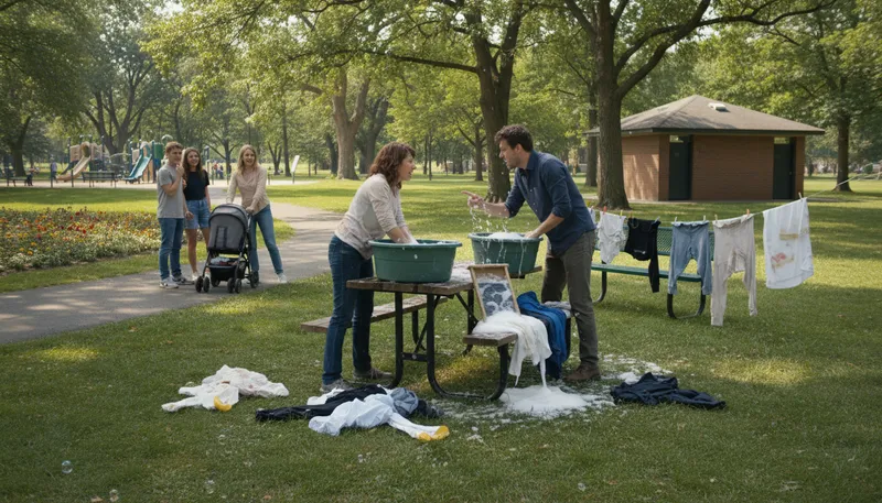 Illustration of wash one's dirty laundry in public: Reveal personal problems to outsiders.