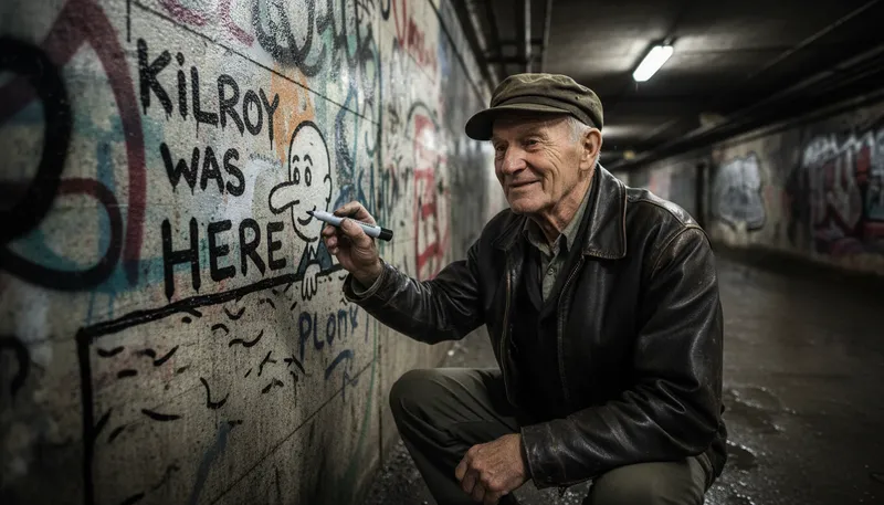 Illustration of kilroy was here: a popular graffiti phrase.