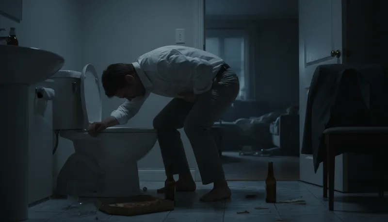 Illustration of pray to the porcelain god: to vomit into a toilet.