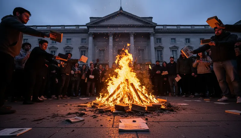 Illustration of book burning: the act of destroying books publicly.