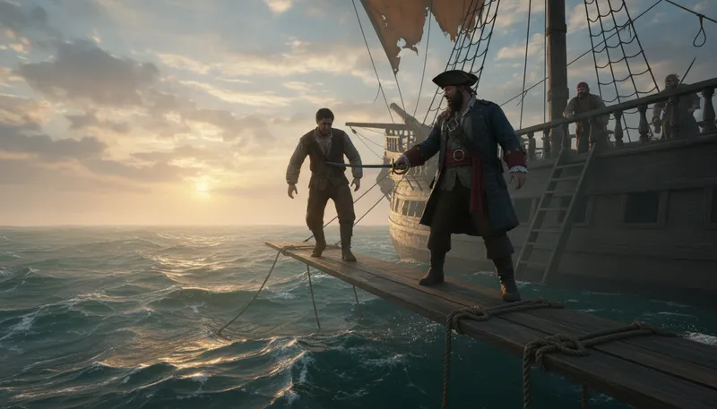 Illustration of walk the plank: to face a dire consequence or punishment
