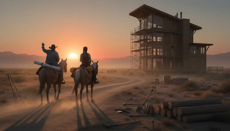 Illustration of ride off into the sunset: to leave happily, often after an adventure.