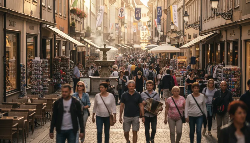 Illustration of touristy: Full of tourists; often commercialized.