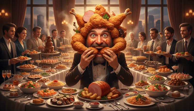 Illustration of eat one's head off: eat something greedily or quickly