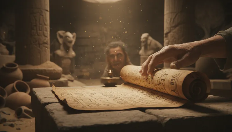 Illustration of scroll: A roll of paper or parchment with text.