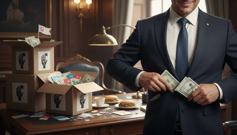 Illustration of line someone's pockets: to secretly take someone's money or resources